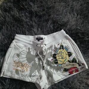Ed Hardy White Shorts with Yellow Rose and Red Accents